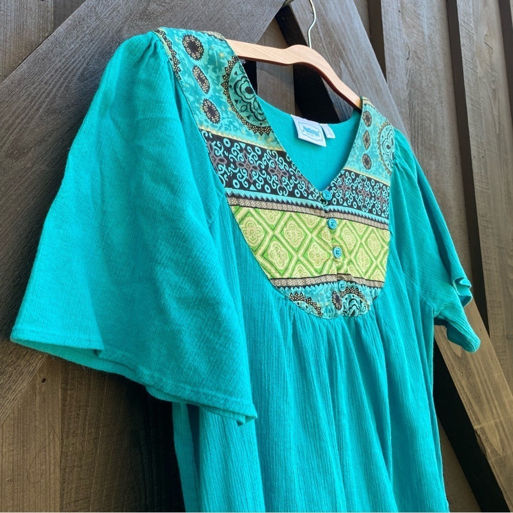 Vintage Dress S Turquoise/Blue 100% Cotton Flowy Boho Midi Short Sleeve S - Picture 4 of 13